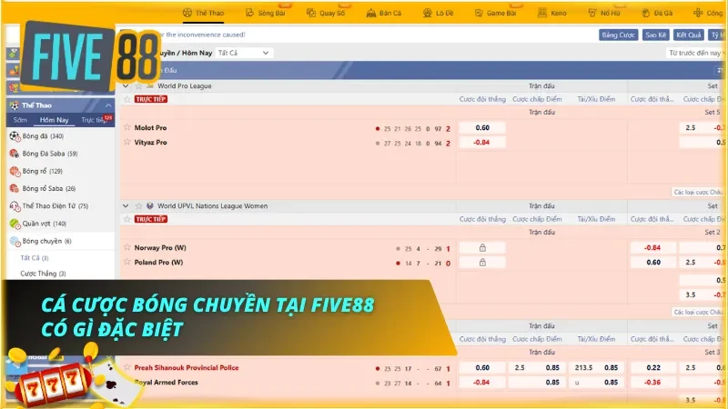 Giao diện volleyball trực tuyến hiển thị tỷ lệ kèo thay đổi liên tục