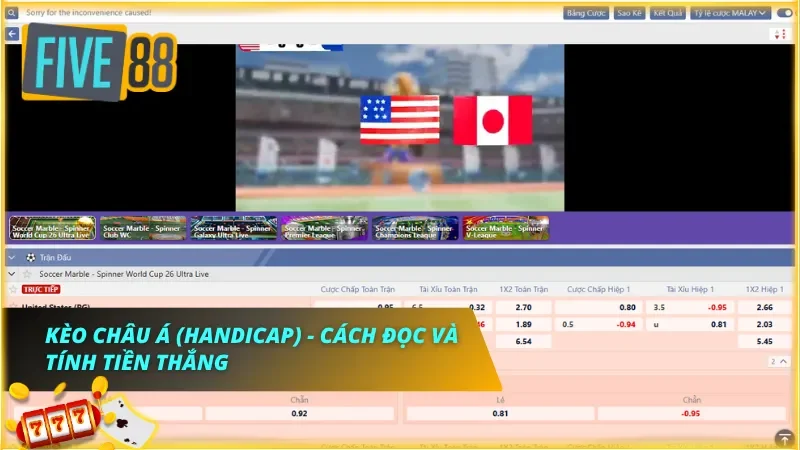 Bảng handicap hiển thị các mức chấp phổ biến