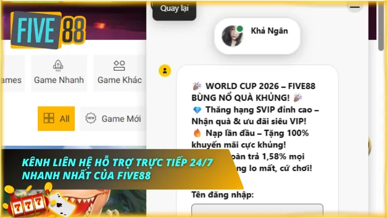 Giao diện Live Chat hỗ trợ trực tiếp 24/7 của nhà cái rất được lòng người chơi