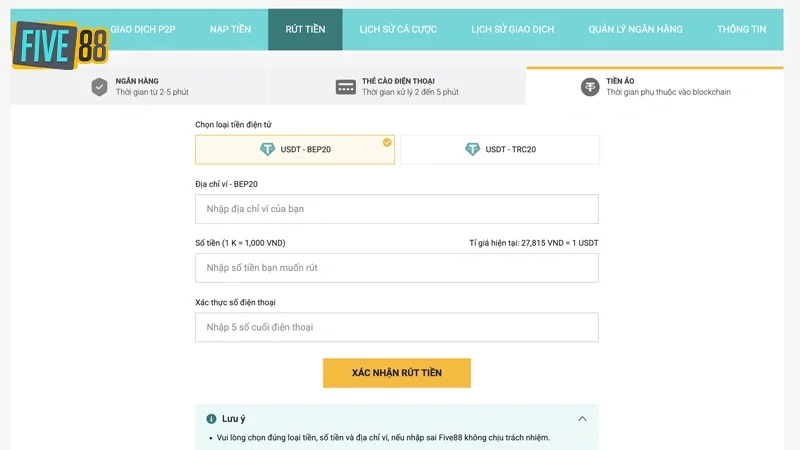 Rút tiền qua Crypto - USDT